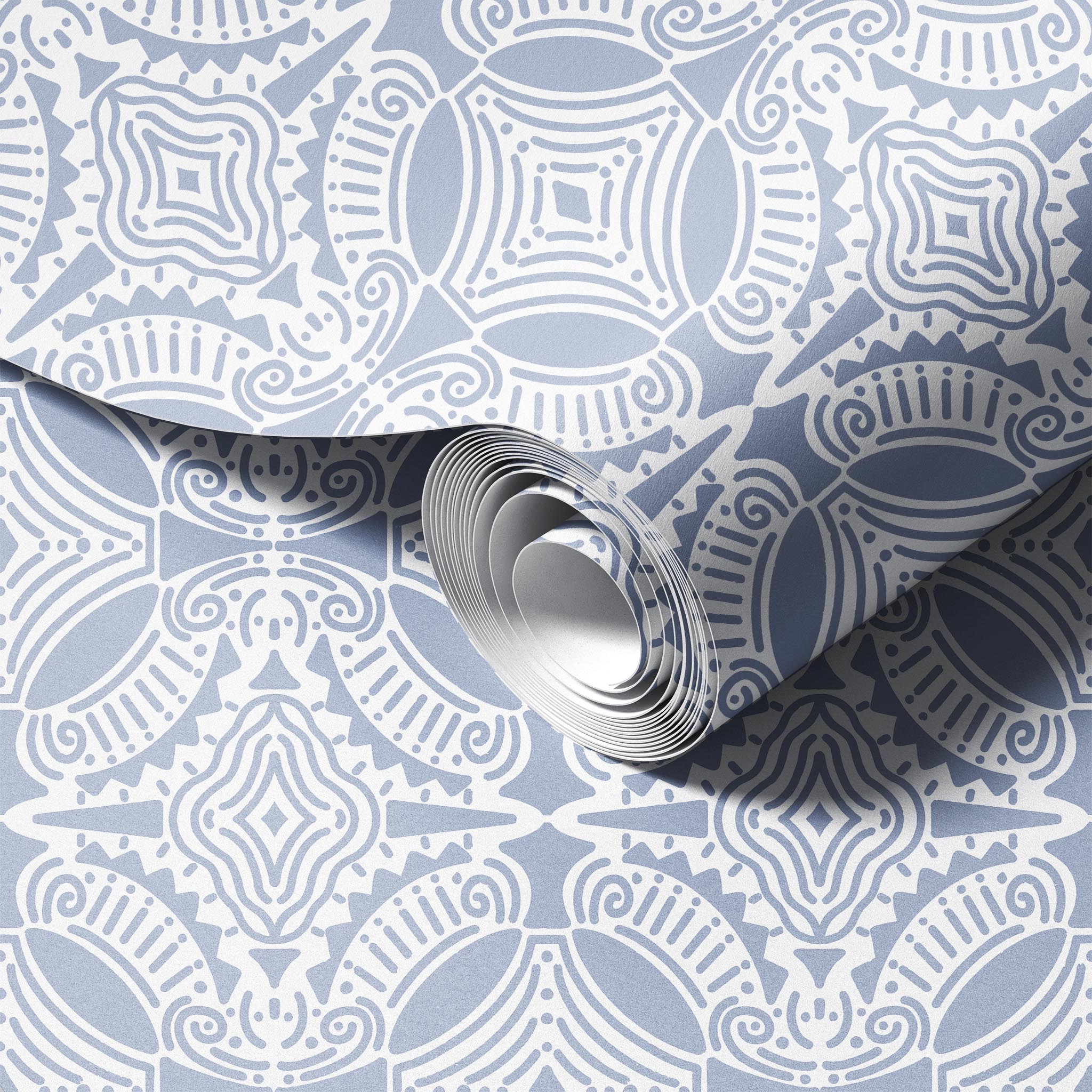 Symetrical Linework Blue peel and stick wallpaper room mockup